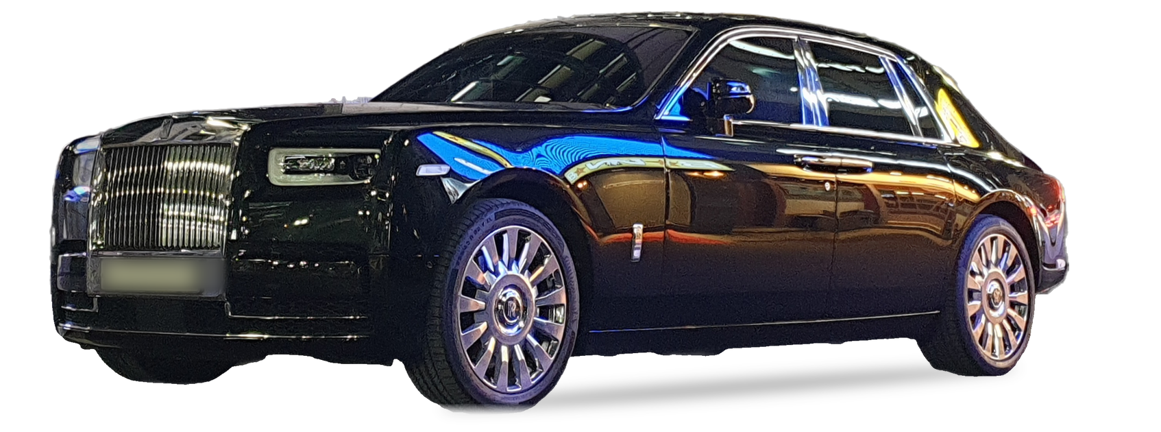 Black Rolls-Royce Phantom (eighth generation) sedan, front three-quarter view, with the VIN locations marked