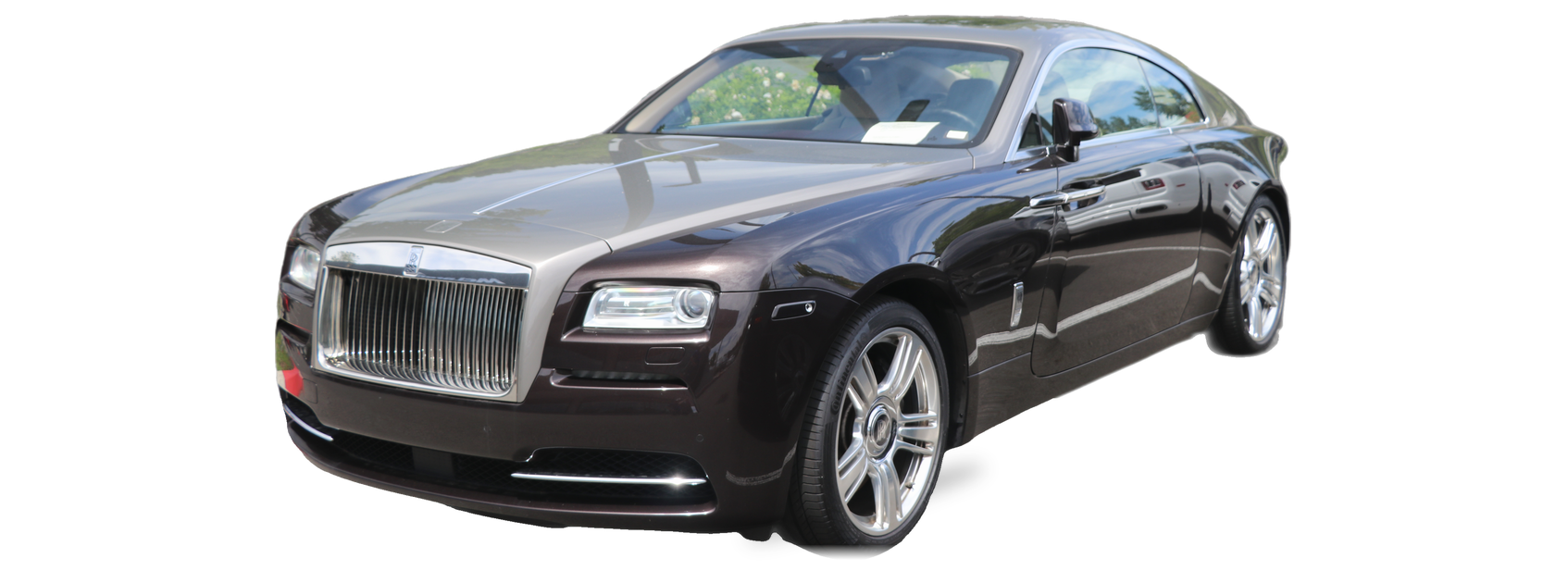 Brown with silver hood Rolls-Royce Wraith (first generation) coupe, front three-quarter view, with the VIN locations marked