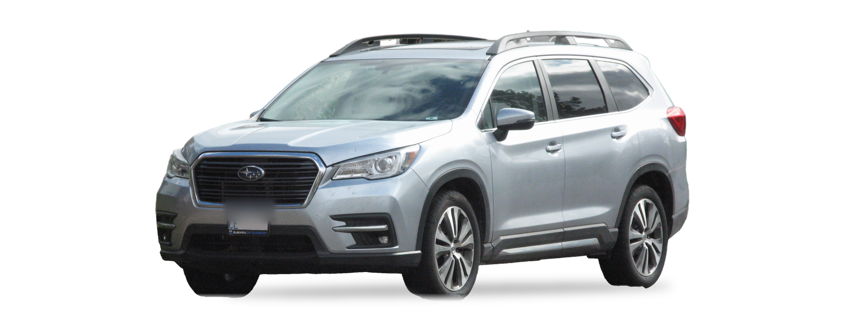 Subaru Ascent plateado (primera generación), SUV, vista frontal de tres cuartos, con las ubicaciones del VIN marcadas