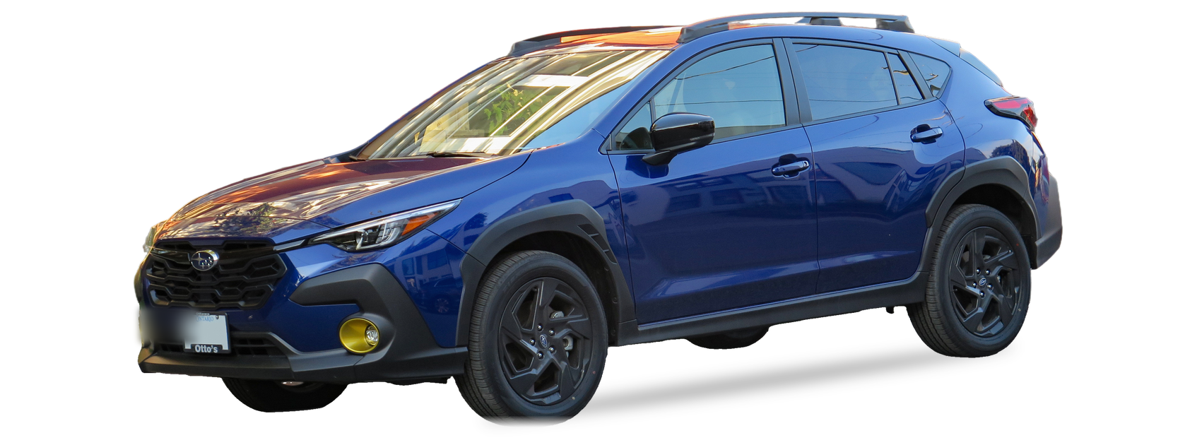 Subaru Crosstrek azul (tercera generación), SUV, vista frontal de tres cuartos, con las ubicaciones del VIN marcadas