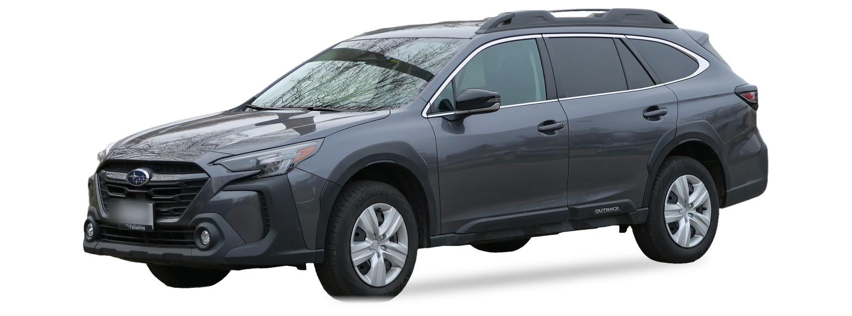 Subaru Outback gris (sexta generación), familiar crossover, vista frontal de tres cuartos, con las ubicaciones del VIN marcadas