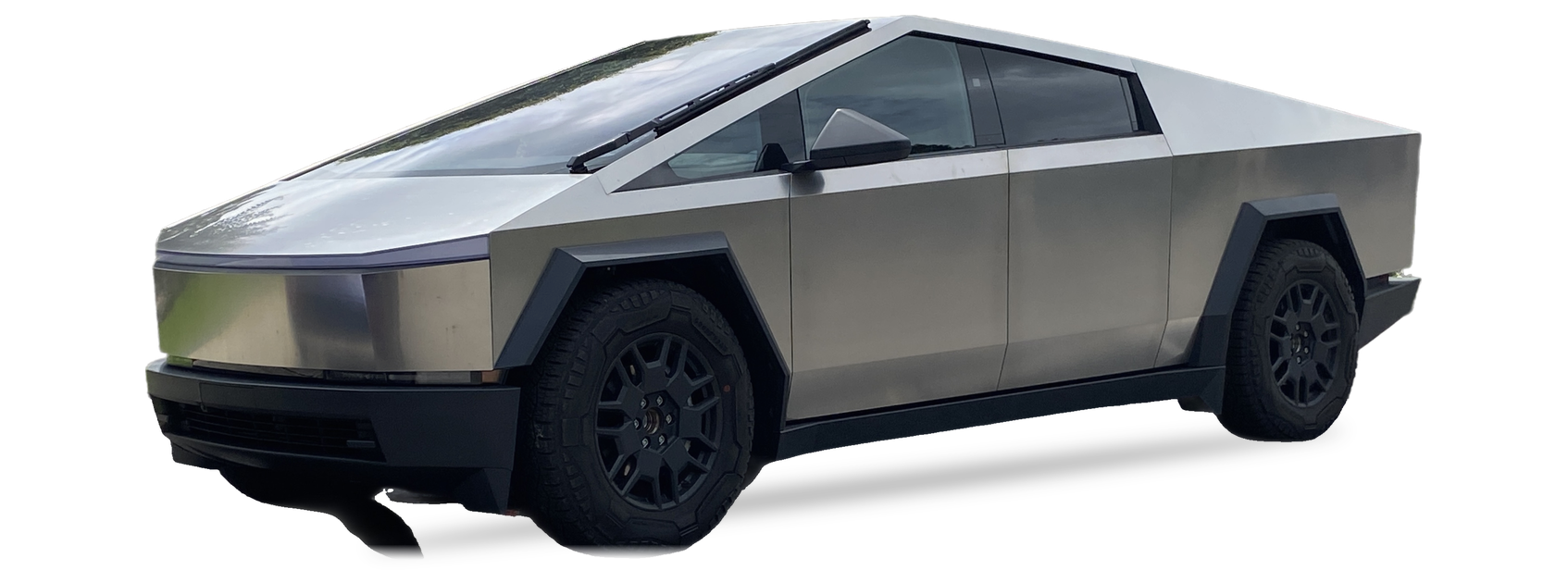 Tesla Cybertruck acero inoxidable (primera generación), pickup, vista frontal de tres cuartos, con las ubicaciones del VIN marcadas