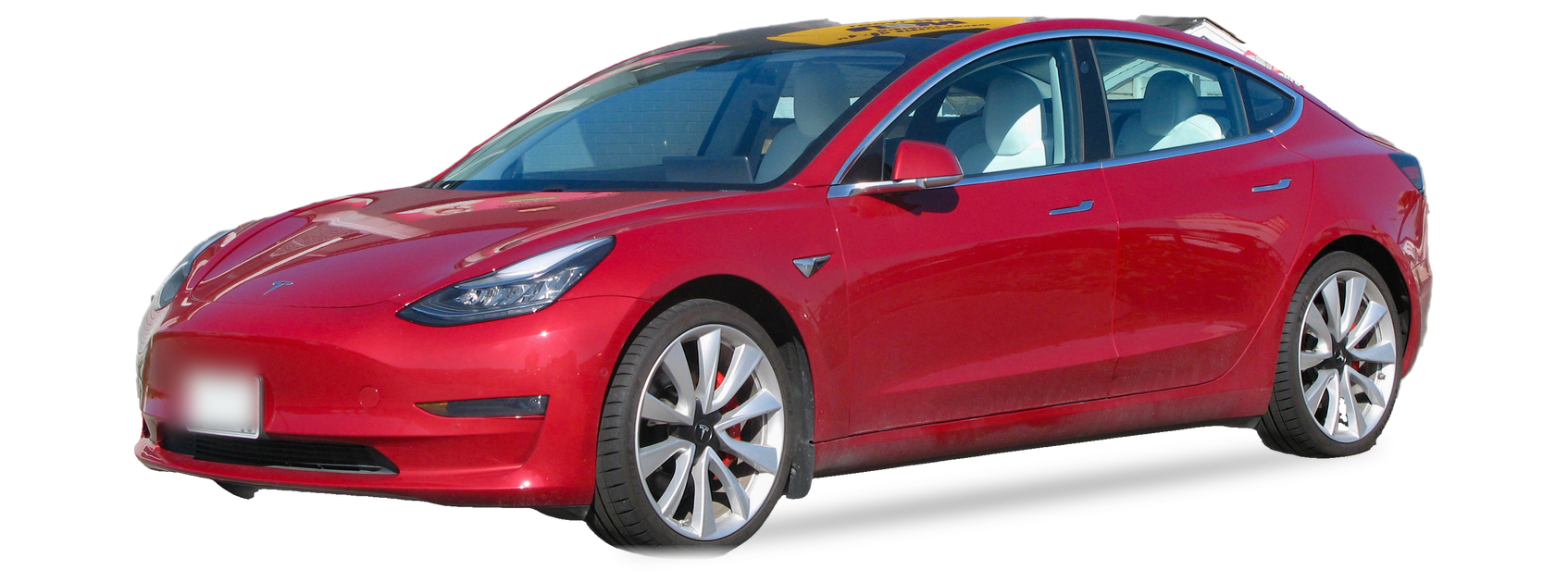 Red Tesla Model 3 (first generation) sedan, front three-quarter view, with the VIN locations marked