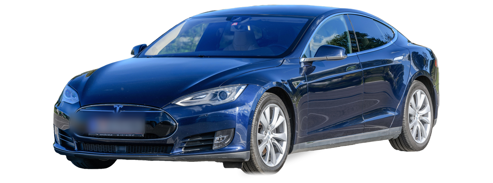 Tesla Model S azul oscuro (primera generación), sedán liftback, vista frontal de tres cuartos, con las ubicaciones del VIN marcadas