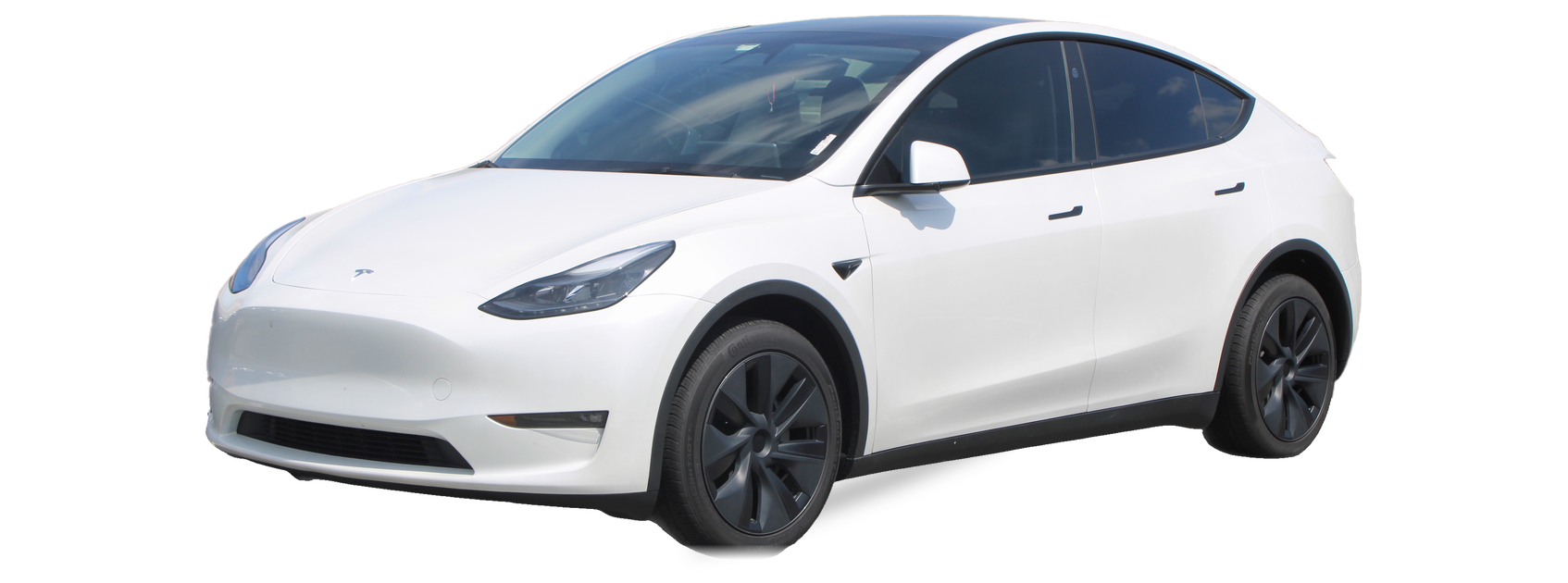 White Tesla Model Y (first generation) SUV, front three-quarter view, with the VIN locations marked
