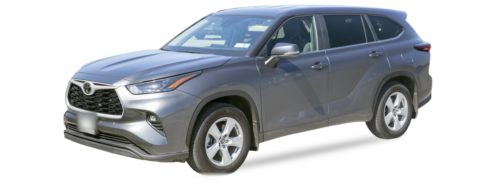 Gray Toyota Highlander (fourth generation) SUV, front three-quarter view, with the VIN locations marked