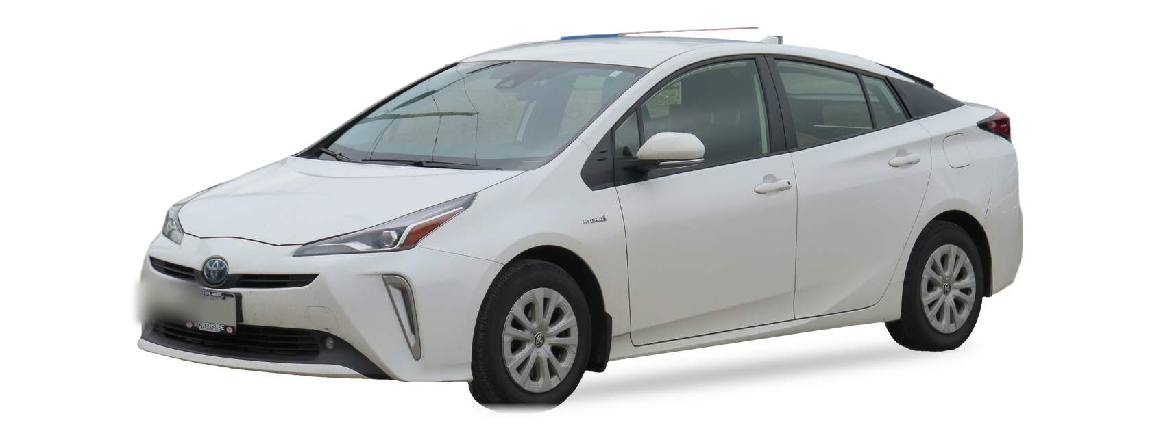 White Toyota Prius (fourth generation) hatchback, front three-quarter view, with the VIN locations marked