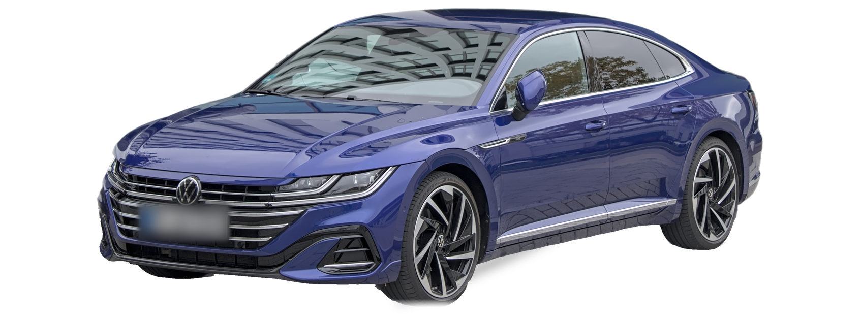 Blue Volkswagen Arteon (first generation) liftback sedan, front three-quarter view, with the VIN locations marked