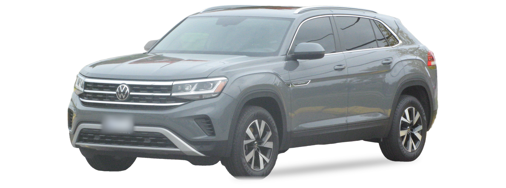Gray Volkswagen Atlas (first generation) SUV, front three-quarter view, with the VIN locations marked