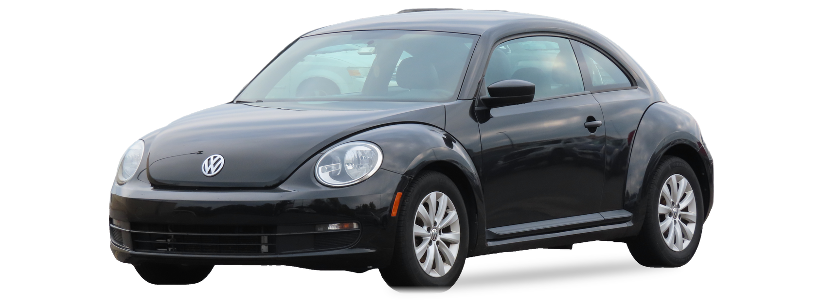 Black Volkswagen Beetle (A5 generation) hatchback, front three-quarter view, with the VIN locations marked