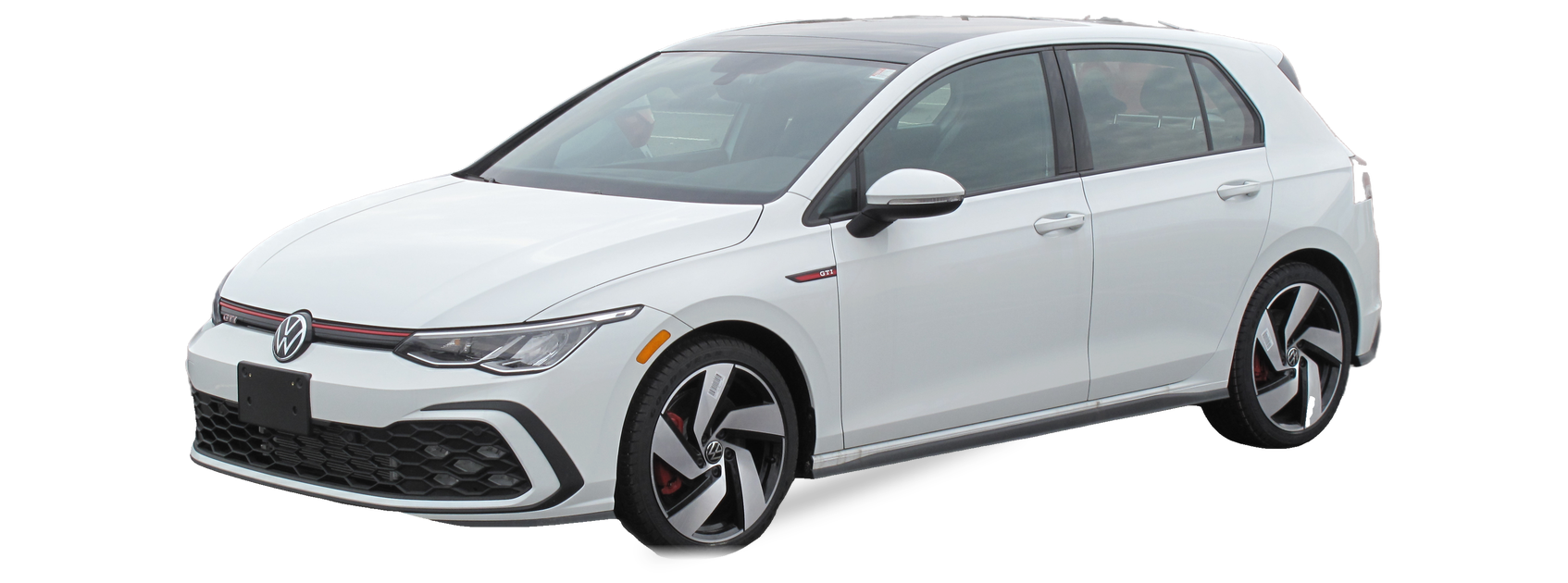 Volkswagen GTI blanco (octava generación), hatchback, vista frontal de tres cuartos, con las ubicaciones del VIN marcadas