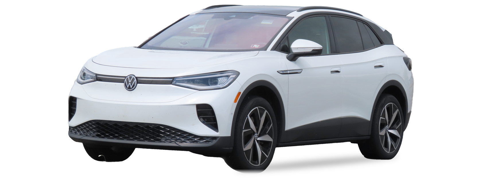 White Volkswagen ID.4 (first generation) SUV, front three-quarter view, with the VIN locations marked