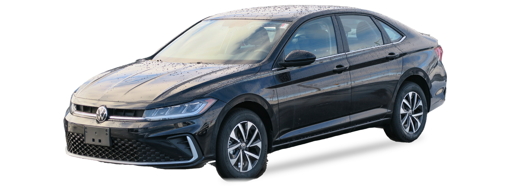 Volkswagen Jetta negro (séptima generación), sedán, vista frontal de tres cuartos, con las ubicaciones del VIN marcadas