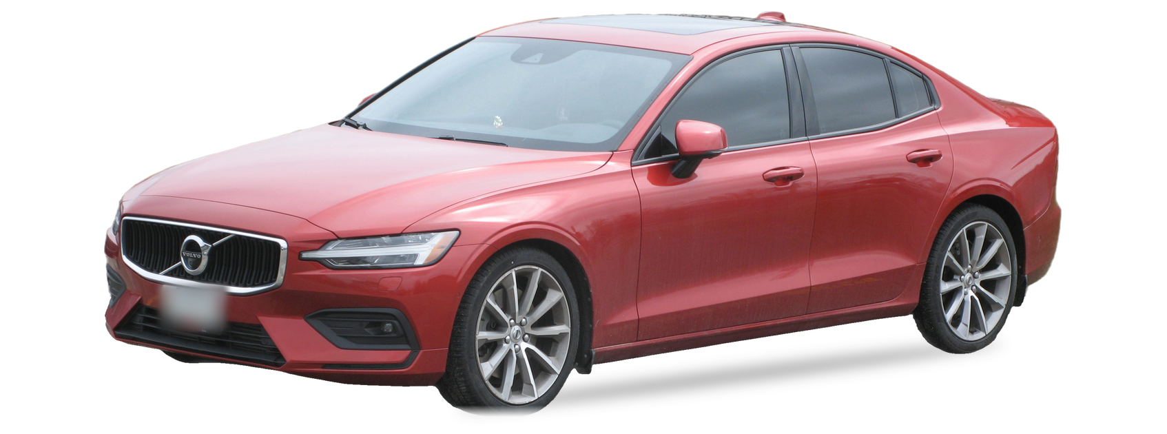 Volvo S60 rojo (tercera generación), sedán, vista frontal de tres cuartos, con las ubicaciones del VIN marcadas