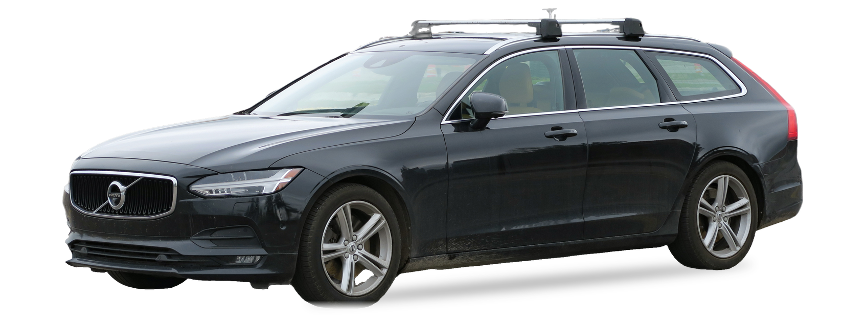 Volvo V90 negro (segunda generación), familiar, vista frontal de tres cuartos, con las ubicaciones del VIN marcadas